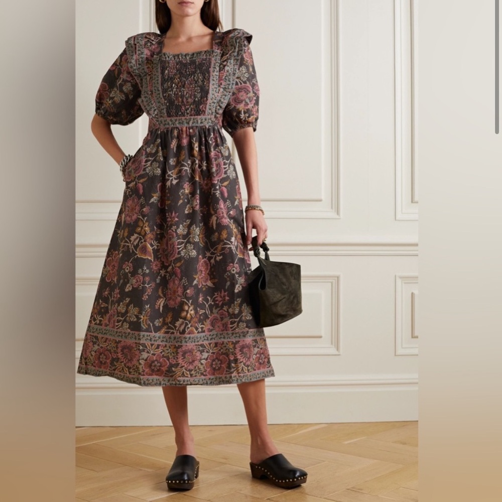 SEA NY Tess print puff sleeve smocked cotton poplin dress
